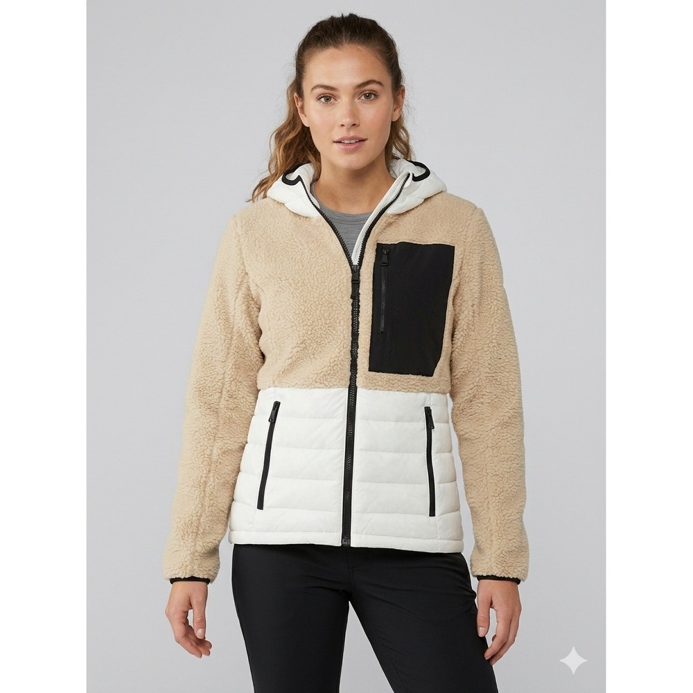 Pajar Canada Women's Hybrid Teddy Faux Fur Puffer Hooded Jacket Cream White Sz M